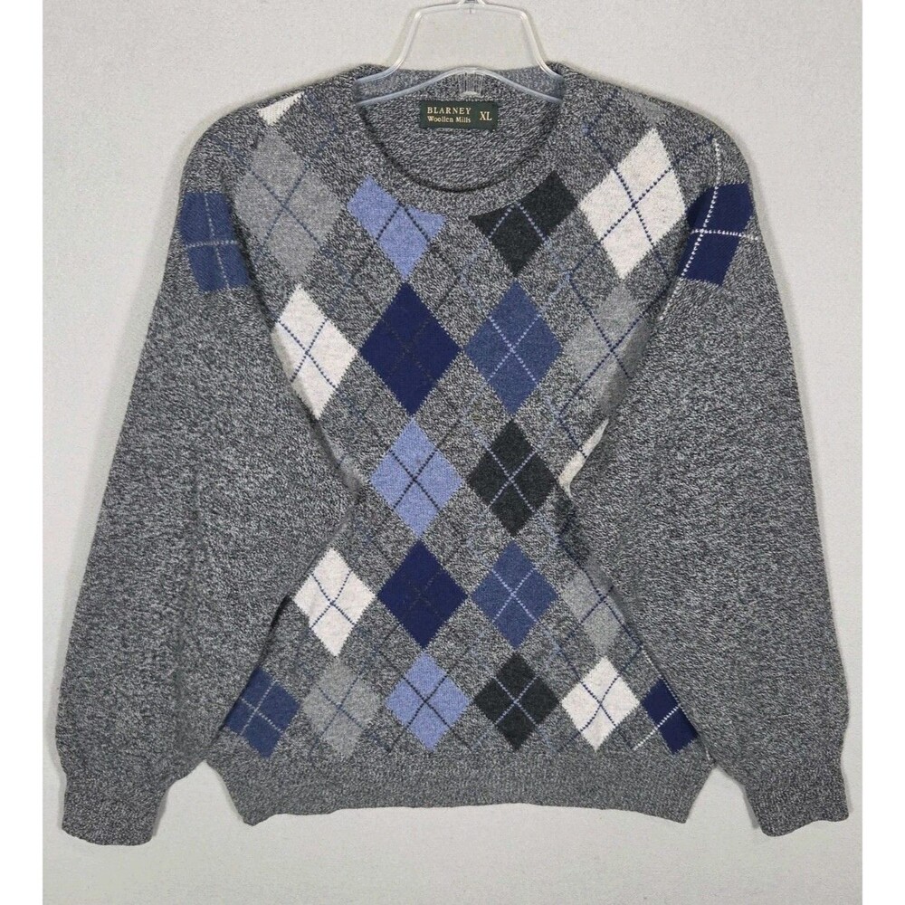 Vtg Blarney Woolen Mills Sweater Mens XL Gray Blue Argyle Preppy Academia Dad
